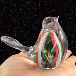Chubby Bird Art Glass Figurine Paperweight Glass Clear Green Red White Stripes